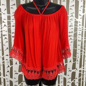 Cato Bright Orange Gauze Embroidered Lace Trim Tie Neck Top S